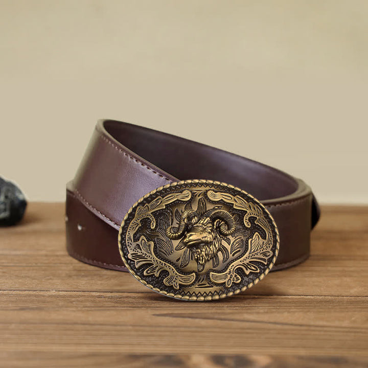 Ceinture en cuir à boucle tête de chèvre sauvage en bronze pour homme