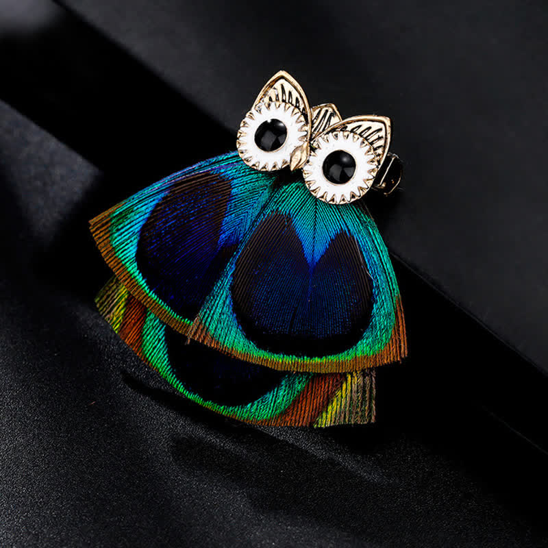 Broche en forme de hibou et de plume de paon pour femme