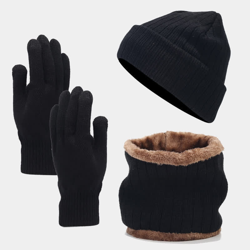 Ensemble de 3 pièces unisexe en tricot sergé épais, bonnet, écharpe, gants
