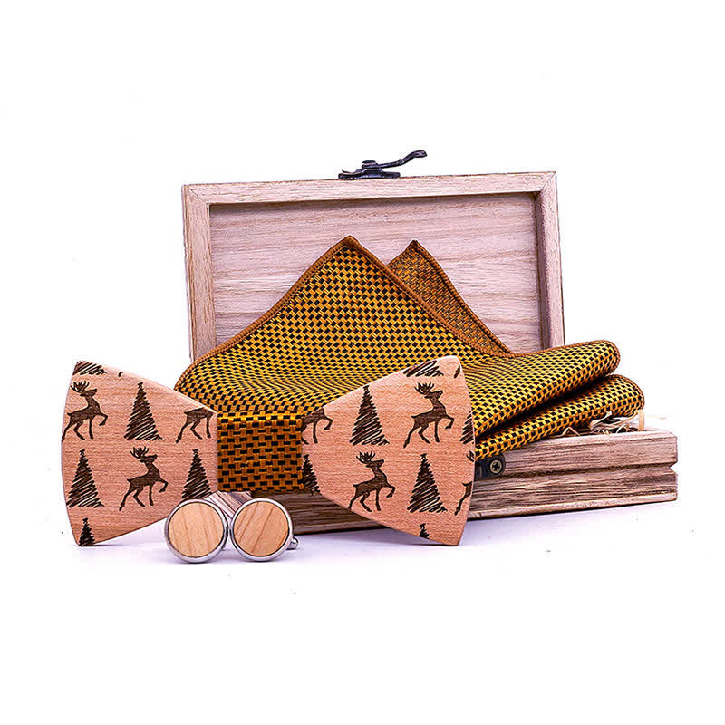 Lot de 3 nœuds papillon en bois à motif cerf et sapin de Noël pour homme
