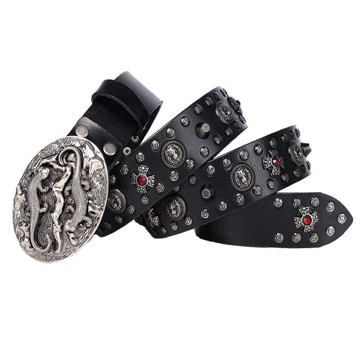 Ceinture en cuir cloutée à ornement lion rubis pour homme