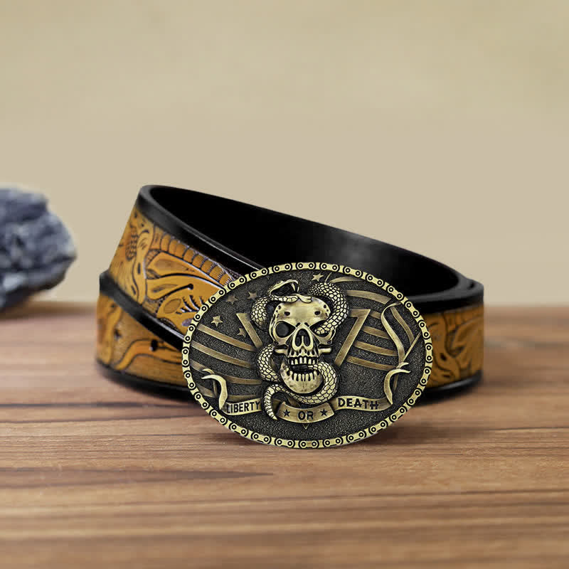 Ceinture en cuir à boucle tête de mort et serpent « Liberty or Death » pour homme