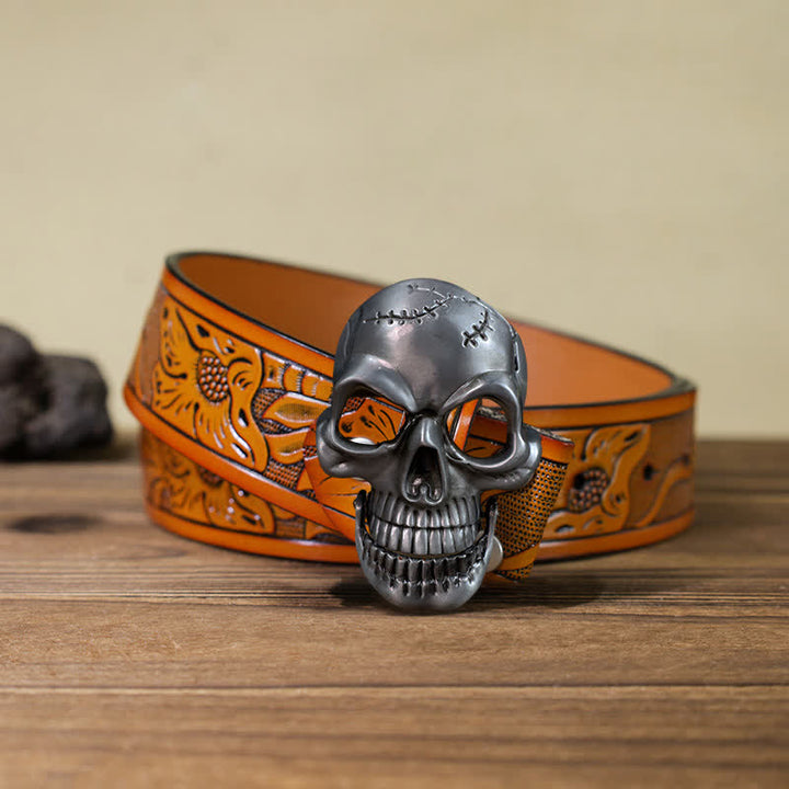 Ceinture en cuir à boucle mobile pour homme avec tête de mort et mâchoire