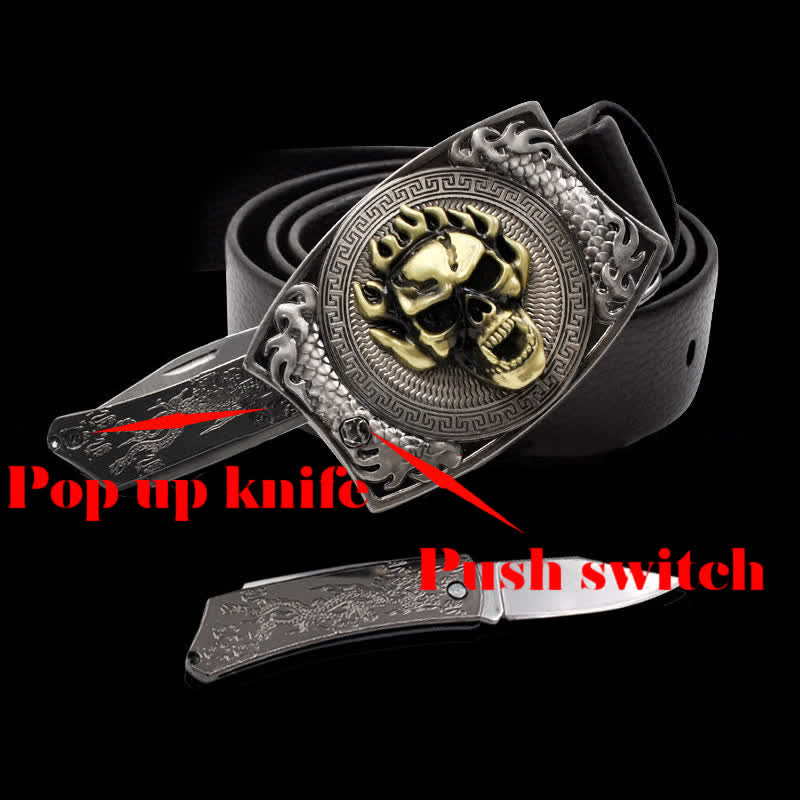 Ceinture en cuir pour homme avec motif tête de mort et couteau pliant