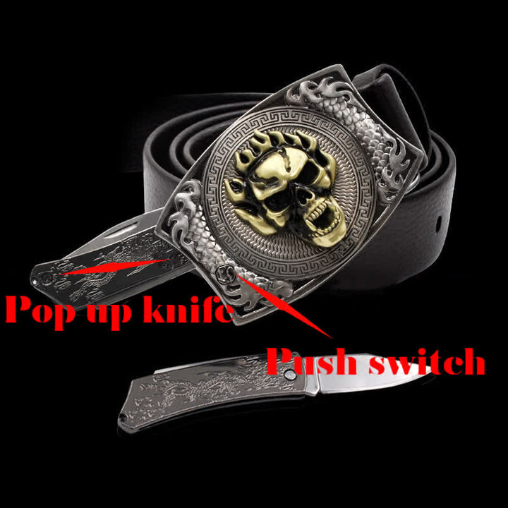 Ceinture en cuir pour homme avec motif tête de mort et couteau pliant
