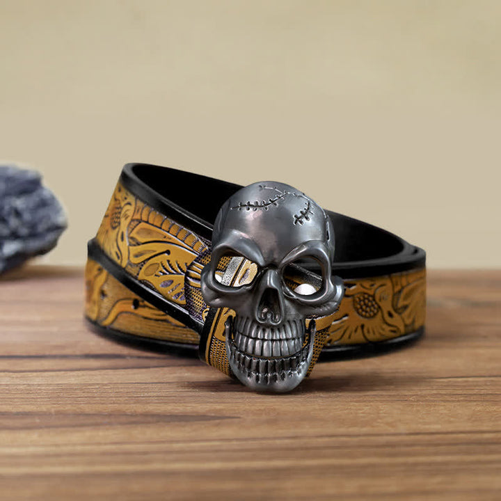 Ceinture en cuir à boucle mobile pour homme avec tête de mort et mâchoire
