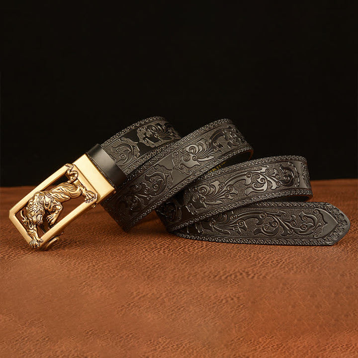 Ceinture en cuir à motif floral en relief avec boucle tigrée pour homme