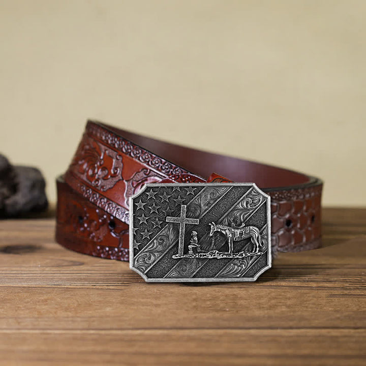 Ceinture en cuir à boucle de cheval avec croix de prière et drapeau américain pour homme