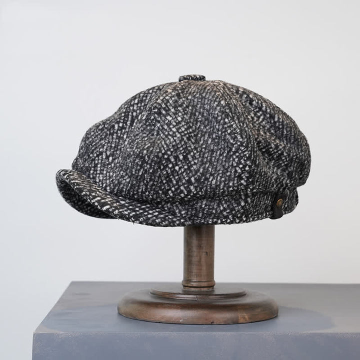 Casquette béret octogonale en tweed moucheté noir