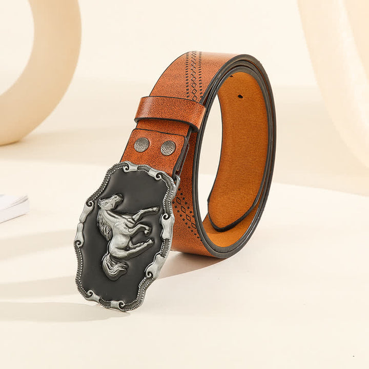 Ceinture en cuir classique argentée pour homme avec boucle en forme de cheval au galop