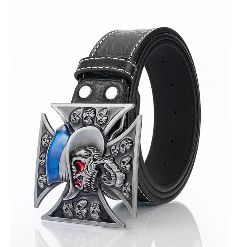 Ceinture en cuir punk avec croix et tête de mort pour homme