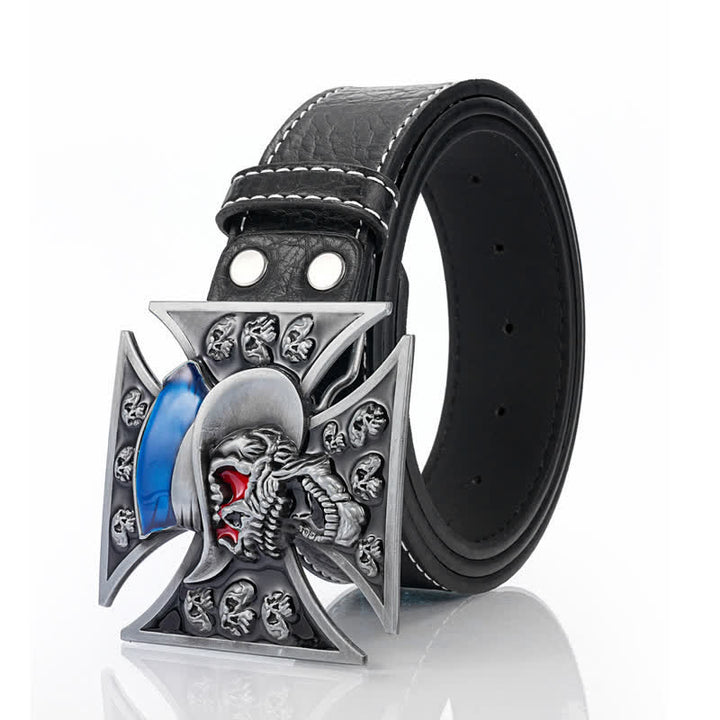 Ceinture en cuir punk avec croix et tête de mort pour homme