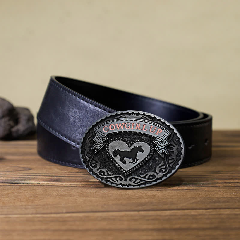 Ceinture en cuir à boucle relevée argentée pour femme avec motif cowgirl
