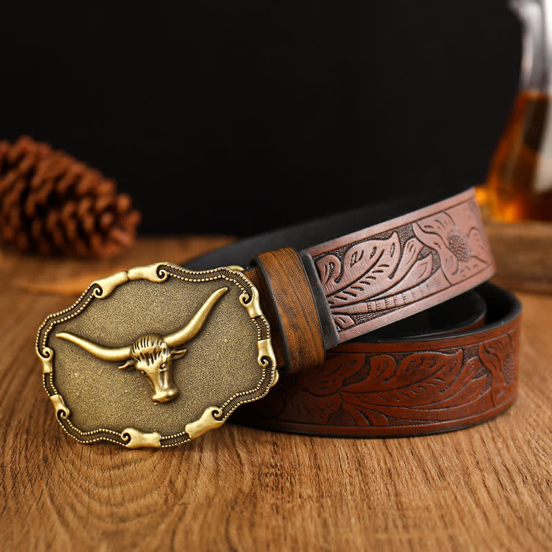 Ceinture en cuir de taureau à longues cornes antiques pour homme