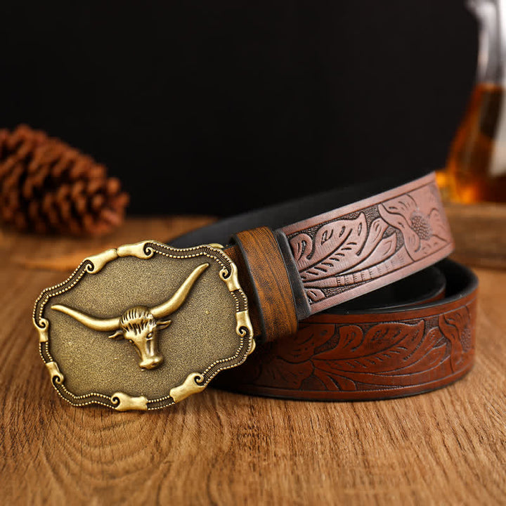 Ceinture en cuir de taureau à longues cornes antiques pour homme