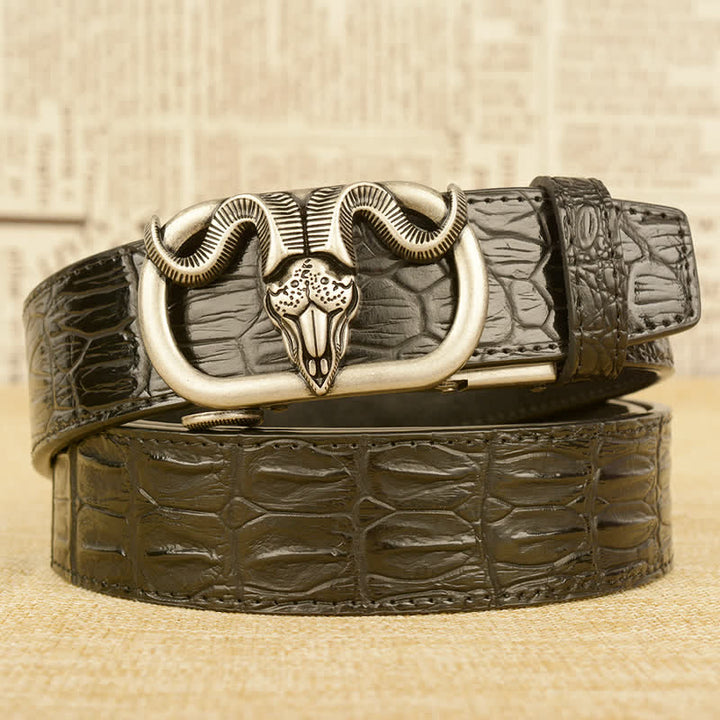 Ceinture en cuir à boucle automatique pour homme avec imprimé crocodile et tête de chèvre