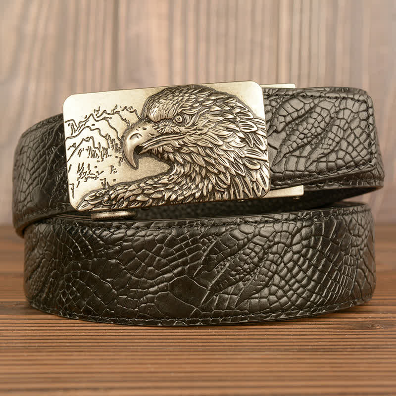 Ceinture en cuir pour homme avec motif crocodile et aigle sculpté