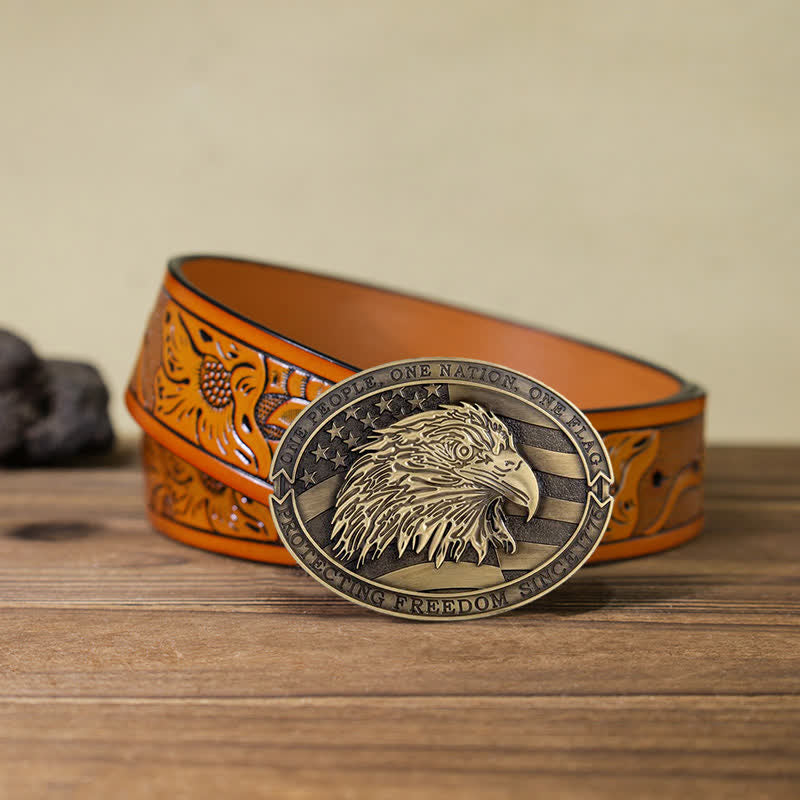 Ceinture en cuir à boucle patriotique pour homme avec drapeau américain et aigle à tête blanche
