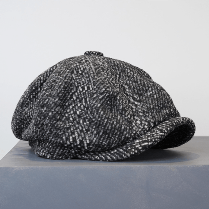 Casquette béret octogonale en tweed moucheté noir