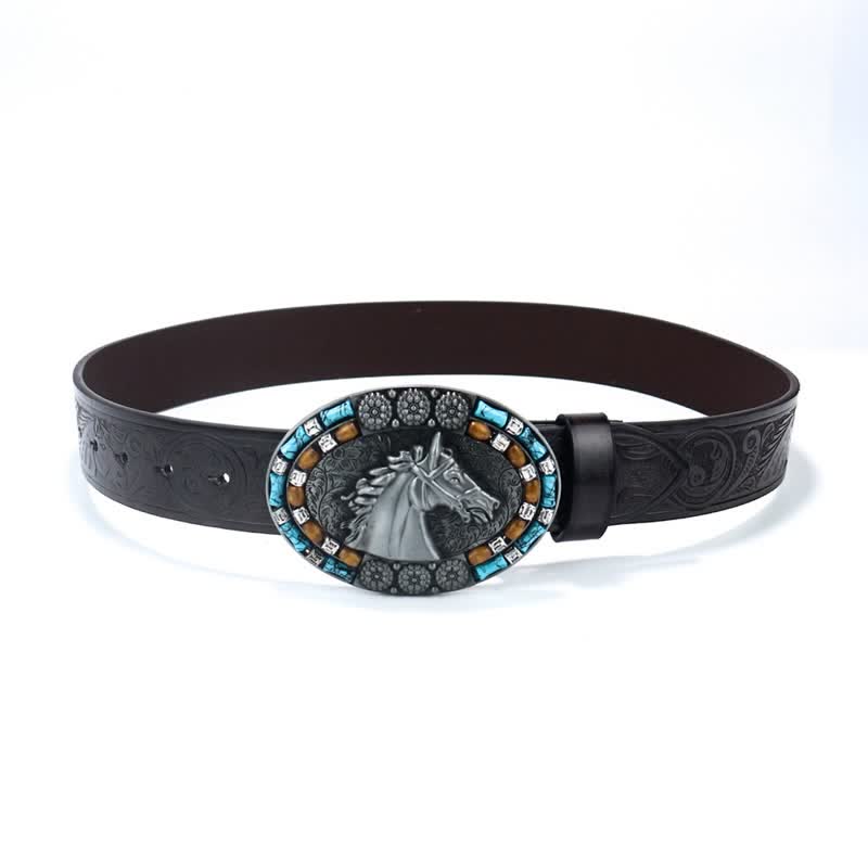 Ceinture en cuir turquoise pour homme avec tête de cheval de cow-boy