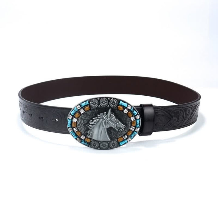 Ceinture en cuir turquoise pour homme avec tête de cheval de cow-boy