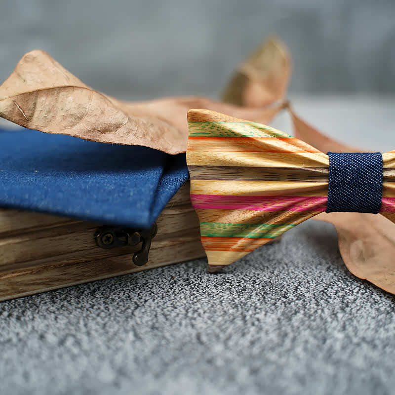 Lot de 2 nœuds papillon en bois froissés arc-en-ciel pour homme