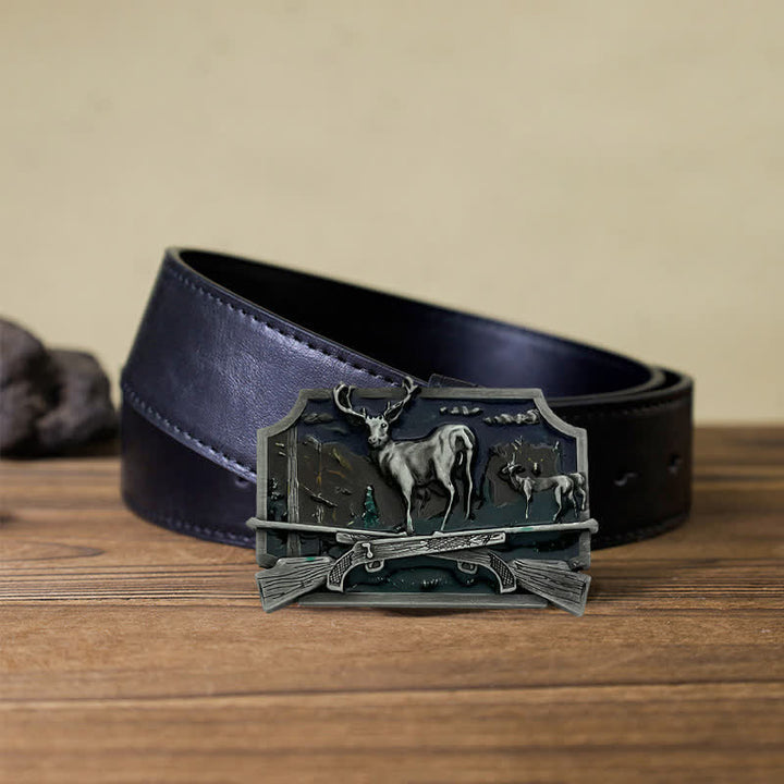 Ceinture en cuir à boucle pour homme avec fusil de chasse et cerf