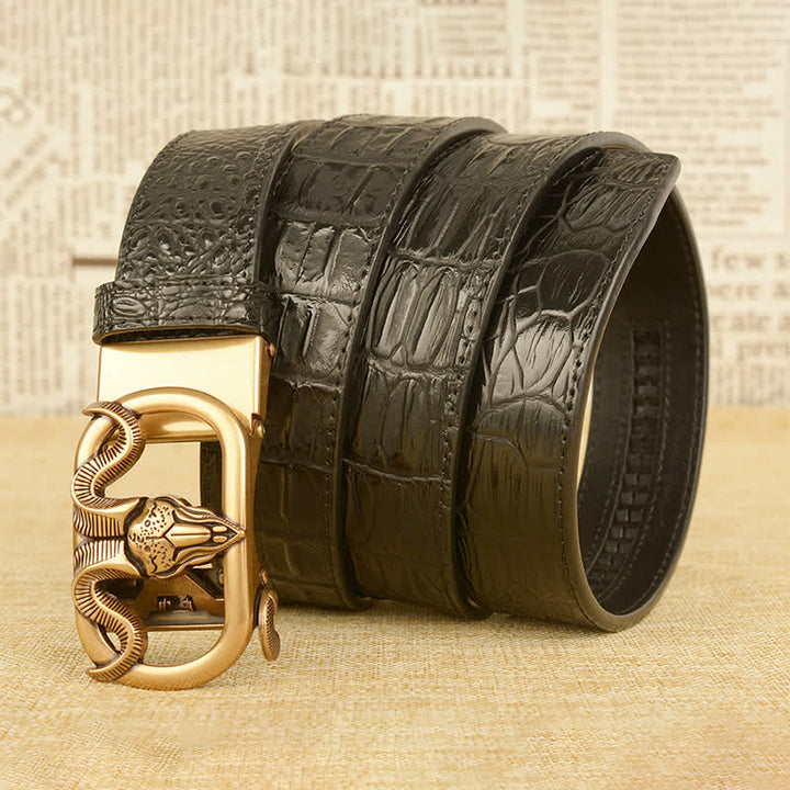 Ceinture en cuir à boucle automatique pour homme avec imprimé crocodile et tête de chèvre