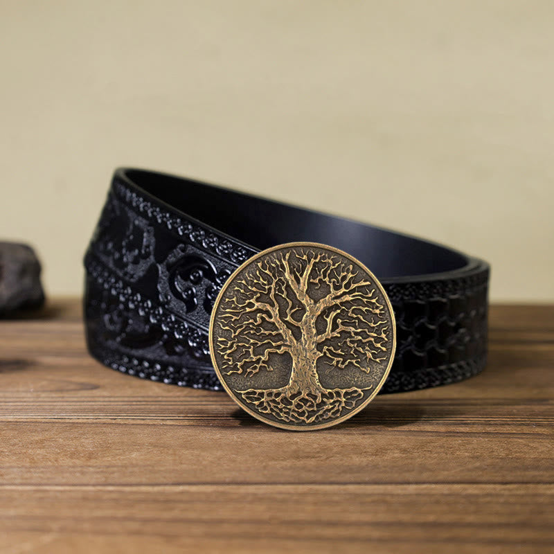 Ceinture en cuir à boucle ronde pour homme avec motif arbre de vie