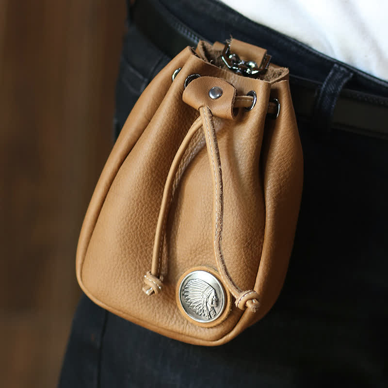 Petit portefeuille, porte-monnaie, sac ceinture en cuir avec cordon de serrage