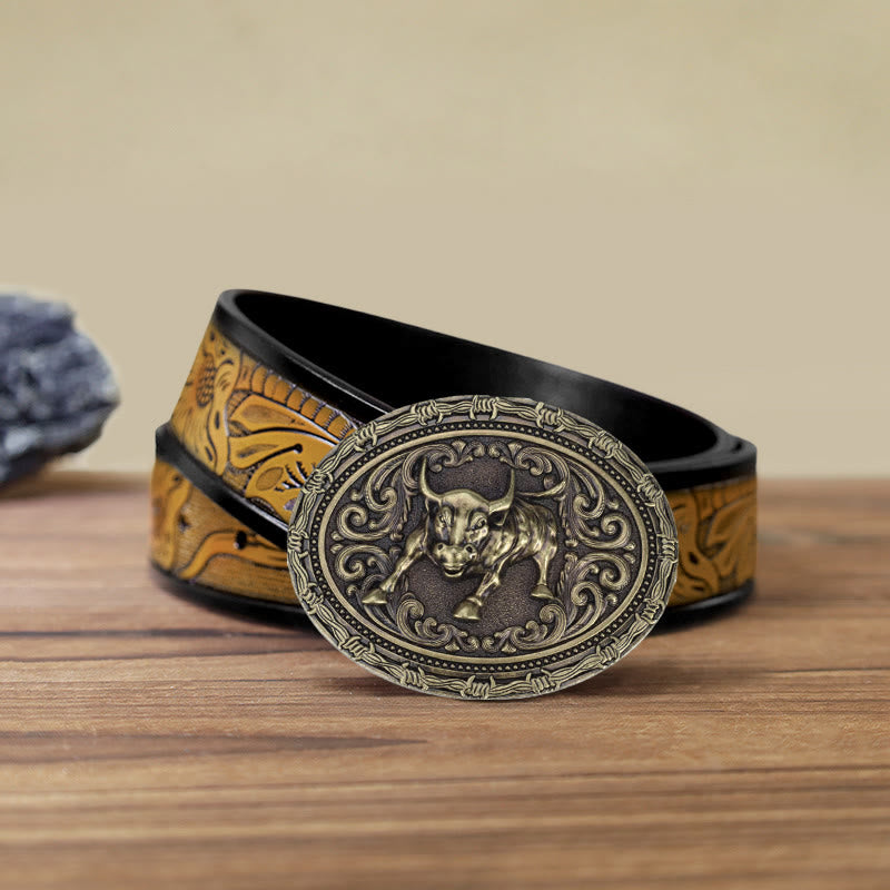 Ceinture en cuir à boucle pour homme avec motif de taureau de cow-boy