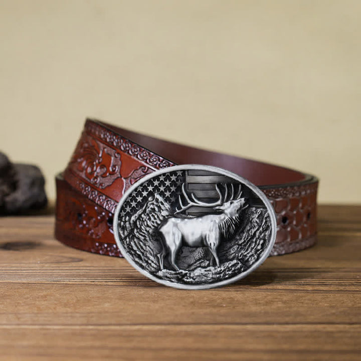 Ceinture en cuir à boucle pour homme avec drapeau américain et élan