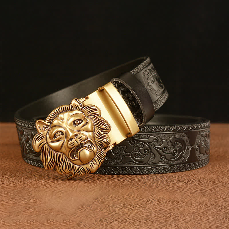 Ceinture en cuir pour homme avec tête de lion sculptée en 3D