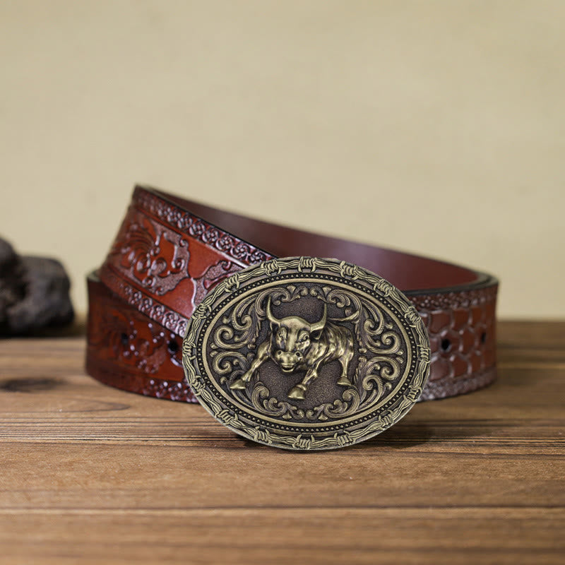 Ceinture en cuir à boucle pour homme avec motif de taureau de cow-boy