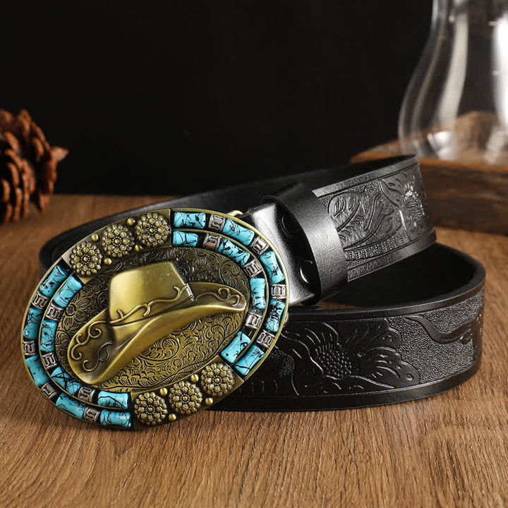 Ceinture en cuir avec chapeau de cowboy doré pour homme et décor turquoise