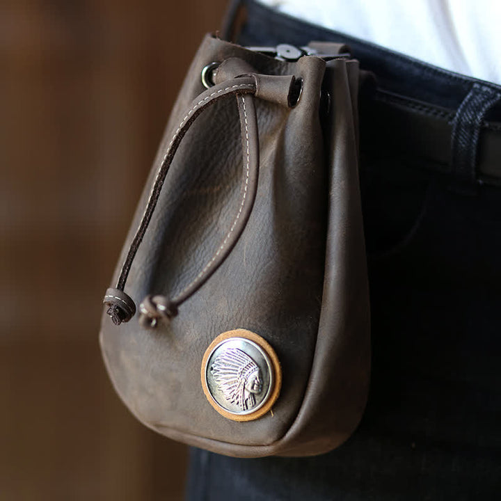 Petit portefeuille, porte-monnaie, sac ceinture en cuir avec cordon de serrage