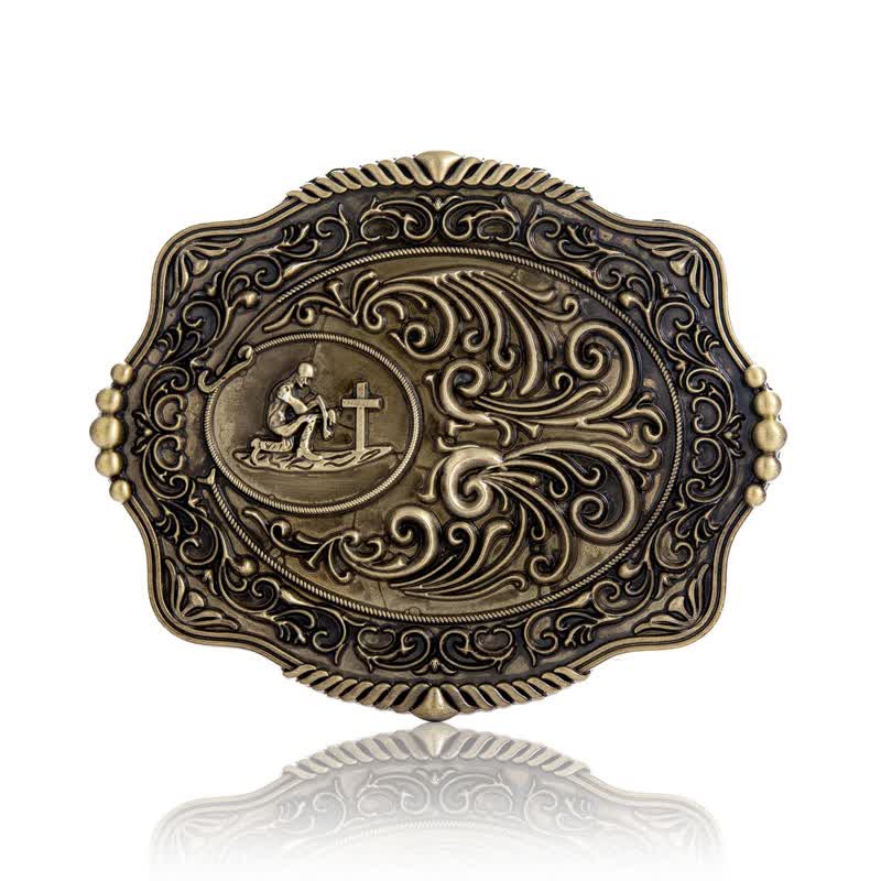 Ceinture en cuir à boucle gravée pour homme avec motif floral et prière sincère