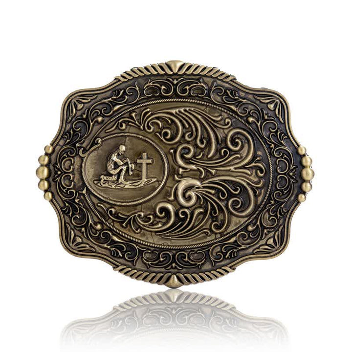 Ceinture en cuir à boucle gravée pour homme avec motif floral et prière sincère