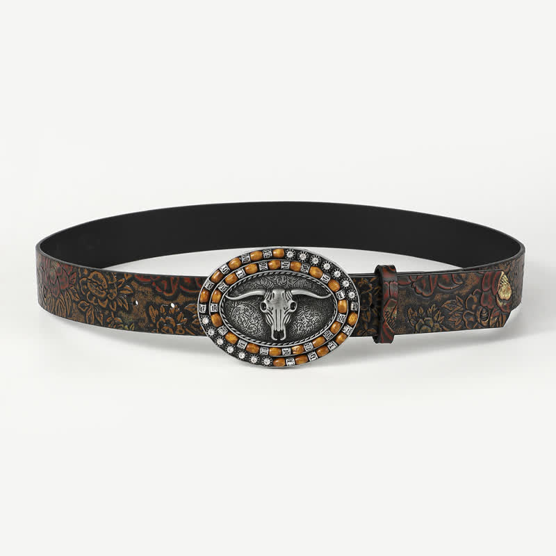 Ceinture en cuir pour homme avec perles en bois sculptées et tête de taureau