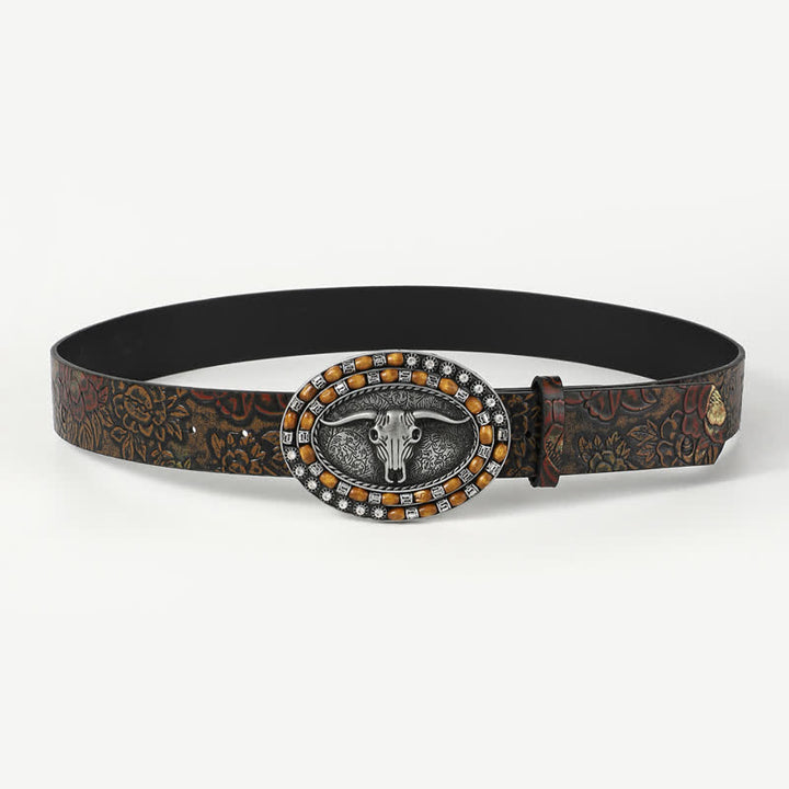 Ceinture en cuir pour homme avec perles en bois sculptées et tête de taureau