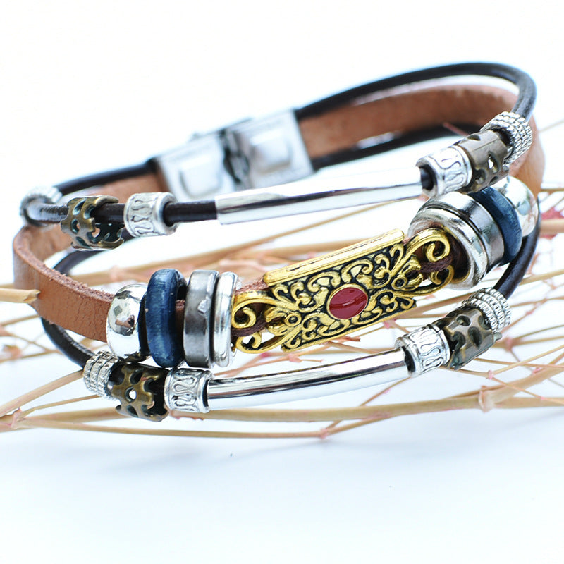 Bracelet vintage western pour homme en cuir et pierre bleue avec filigrane - Doré - image 8
