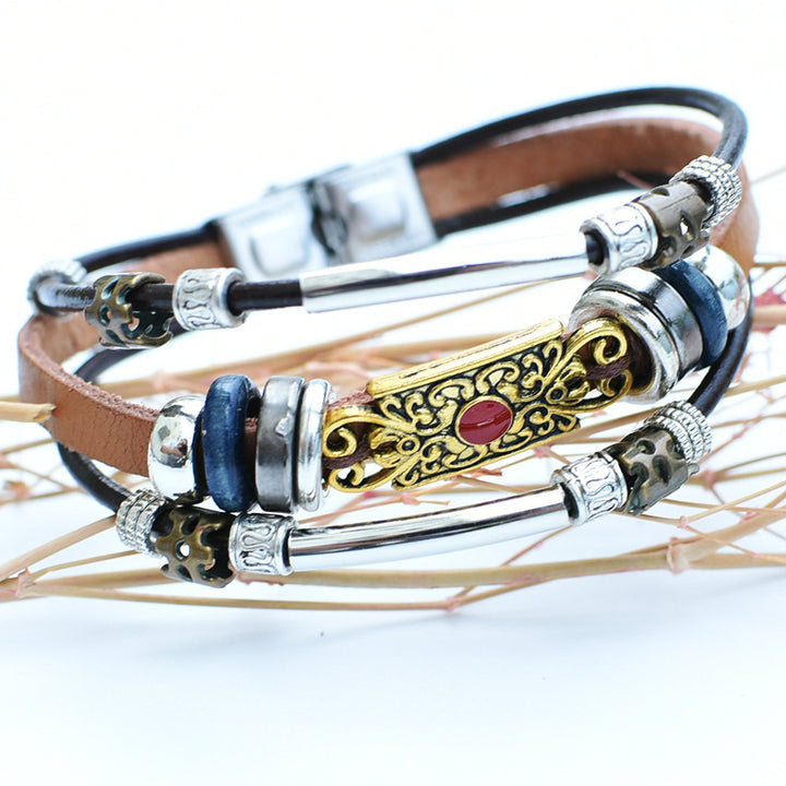 Bracelet vintage western pour homme en cuir et pierre bleue avec filigrane - Doré - image 8