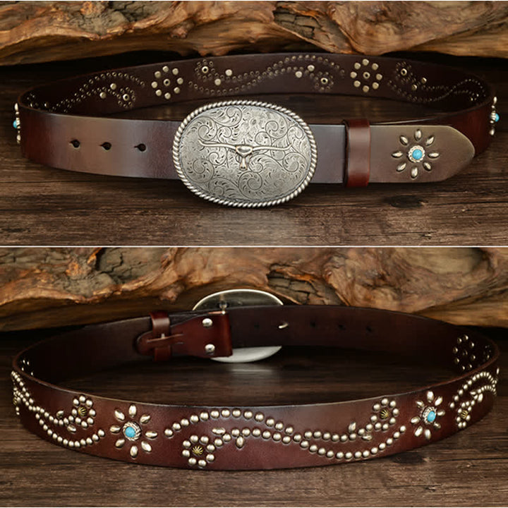 Ceinture en cuir véritable turquoise à rivets punk pour homme avec taureau à longues cornes