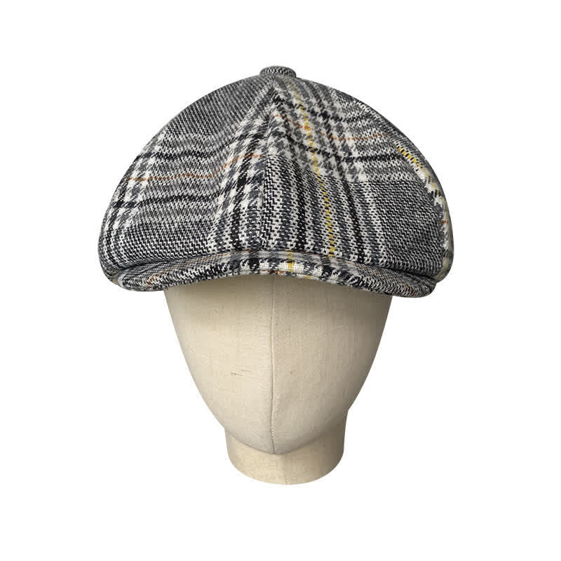 Casquette béret gavroche à carreaux gris et rayures jaunes