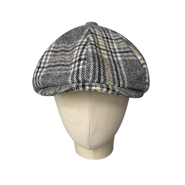 Casquette béret gavroche à carreaux gris et rayures jaunes