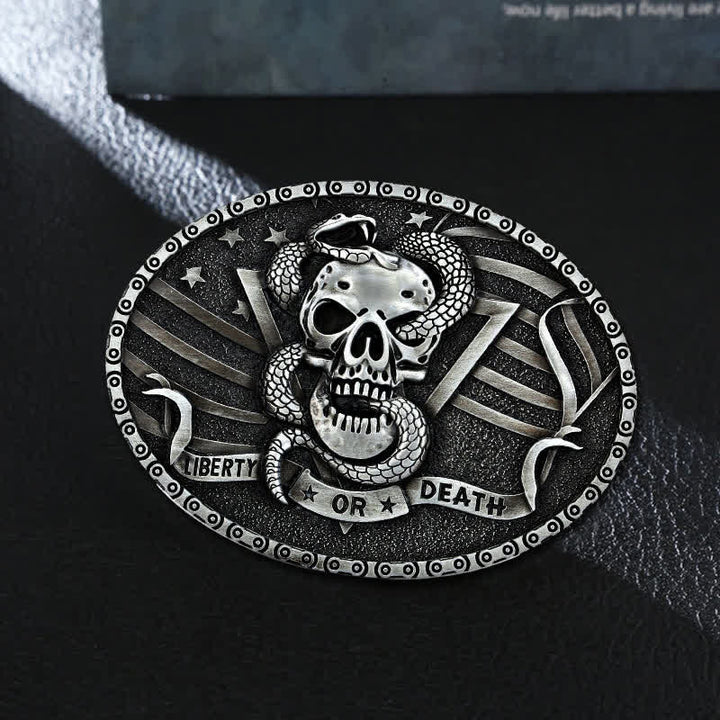 Ceinture en cuir à boucle tête de mort et serpent « Liberty or Death » pour homme