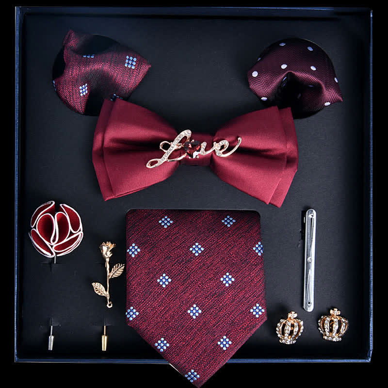Coffret cadeau de 8 nœuds papillon de luxe à imprimé noble rouge et bordeaux - Rouge et Bordeaux - image 0