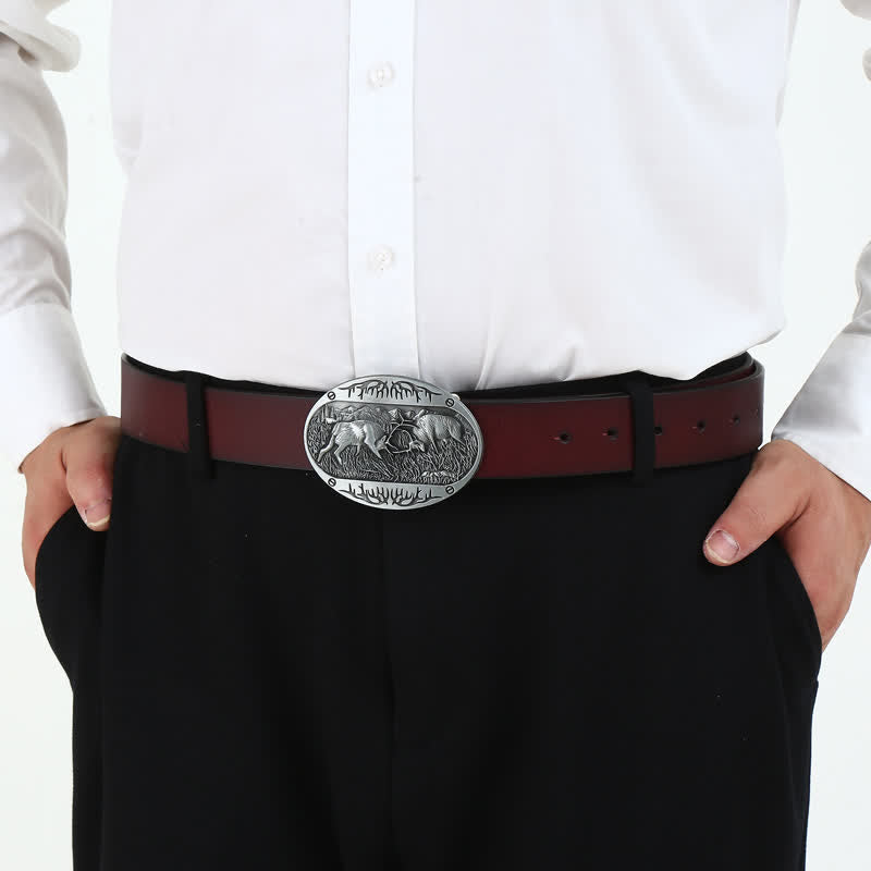Ceinture en cuir western à boucle de cerf de combat sauvage pour homme
