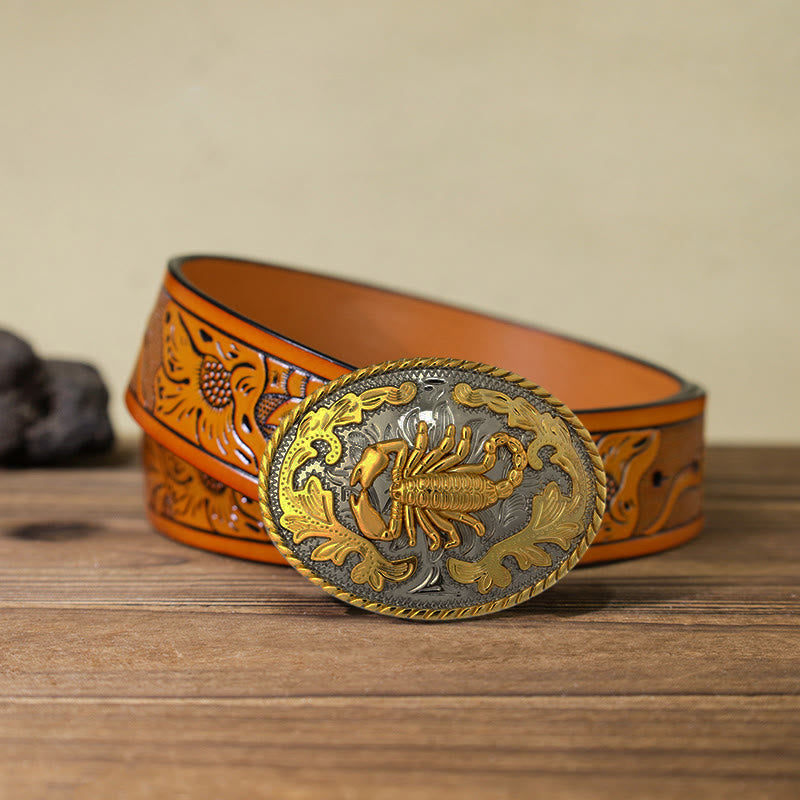 Ceinture en cuir à boucle scorpion doré pour homme