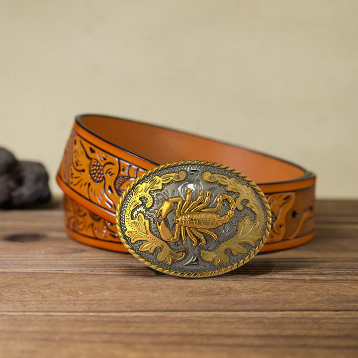 Ceinture en cuir à boucle scorpion doré pour homme